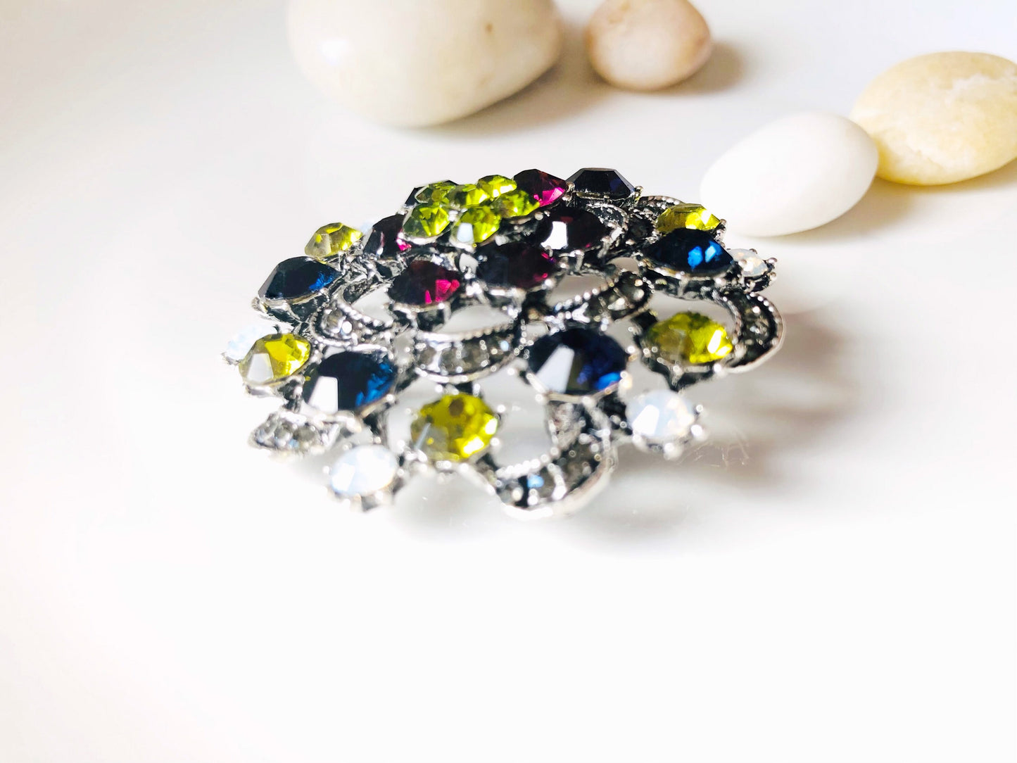 Antique silver crystal brooch pin, multicolor green blue crystal bouquet brooch, gift for her, gift for mom