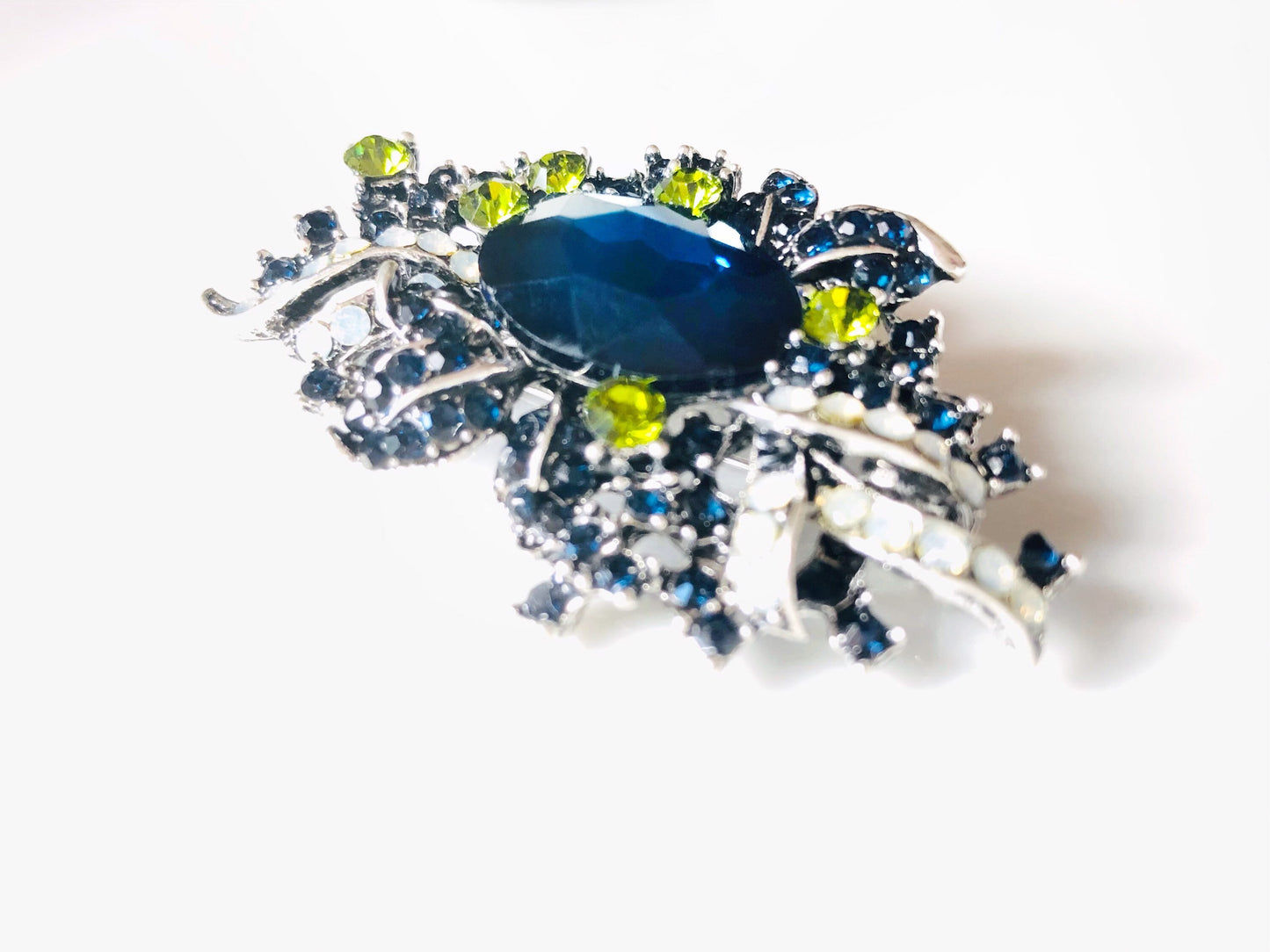 Sapphire crystal brooch pin antique silver, blue green multicolored crystal bouquet brooch, gift for her, gift for mom