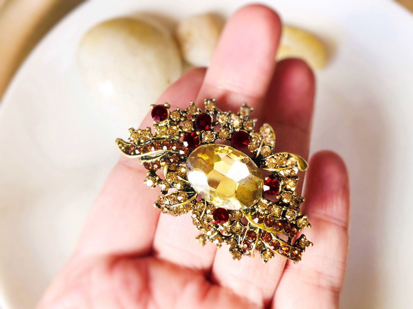 Antique gold topaz crystal brooch pin, multi color crystal bouquet brooch, gift for her, gift for mom