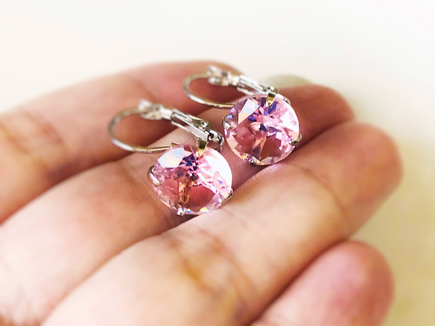 Pink sapphire solitaire lever back earrings, gift for mom, October birthstone earrings