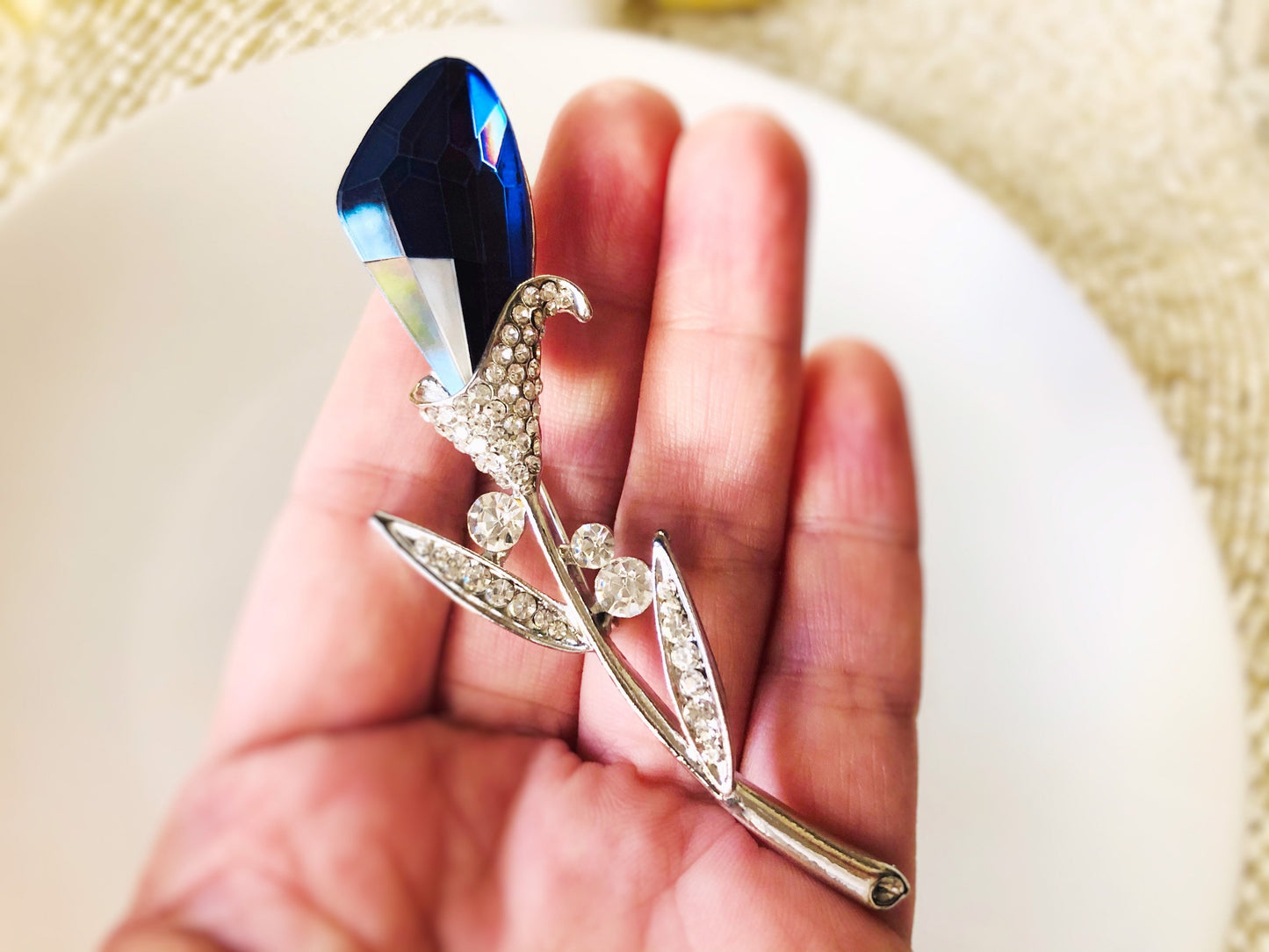 Sapphire crystal brooch in 18k white gold, wedding brooch, bridal brooch, navy flower brooch, gift for her, gift for mom