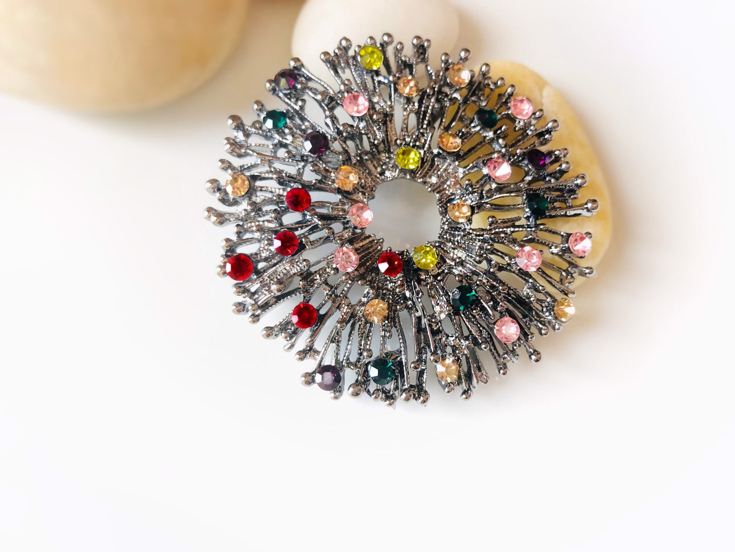 Multicolor crystal brooch, black gold crystal statement brooch, gift for her, gift for mom