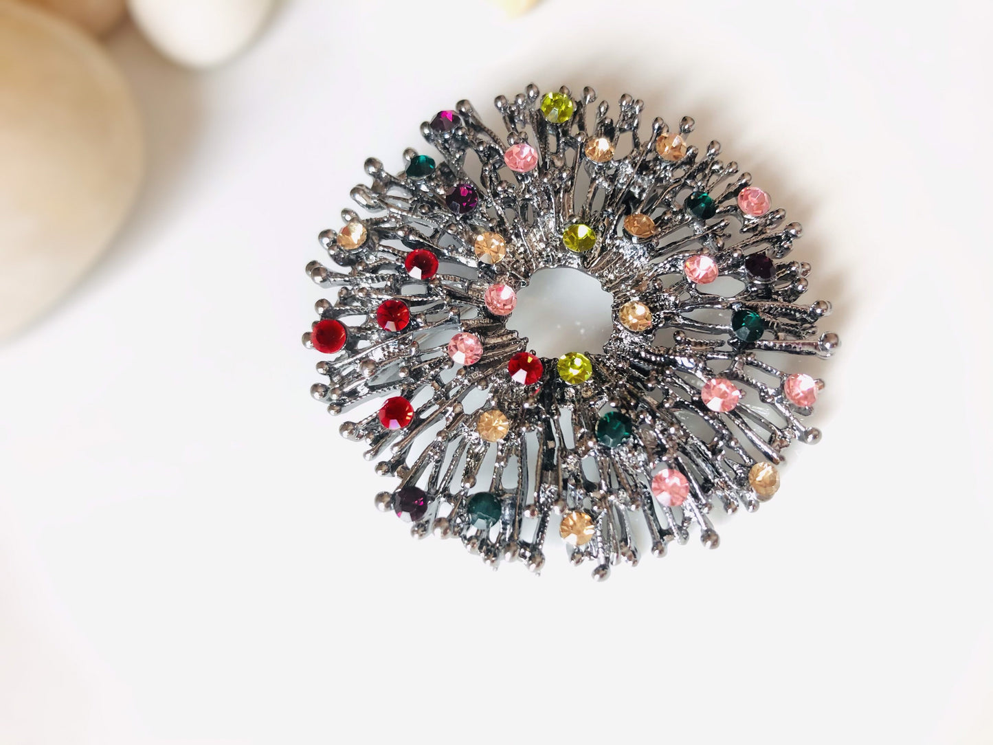 Multicolor crystal brooch, black gold crystal statement brooch, gift for her, gift for mom