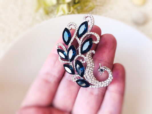 Sapphire crystal peacock brooch in 18k white gold, blue crystal brooch, gift for her, gift for mom