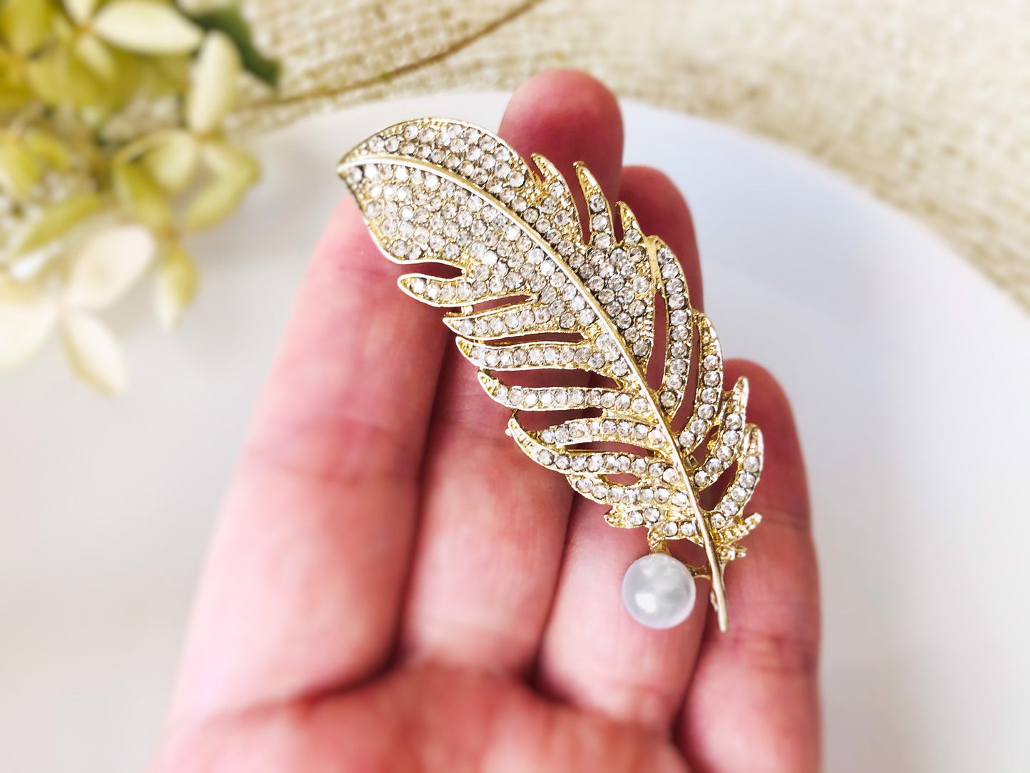 Pearl crystal pave feather brooch pin gold plated, crystal feather silver brooch, wedding bouquet brooch, gift for her, gift for mom