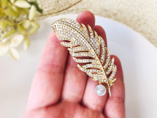 Pearl crystal pave feather brooch pin gold plated, crystal feather silver brooch, wedding bouquet brooch, gift for her, gift for mom