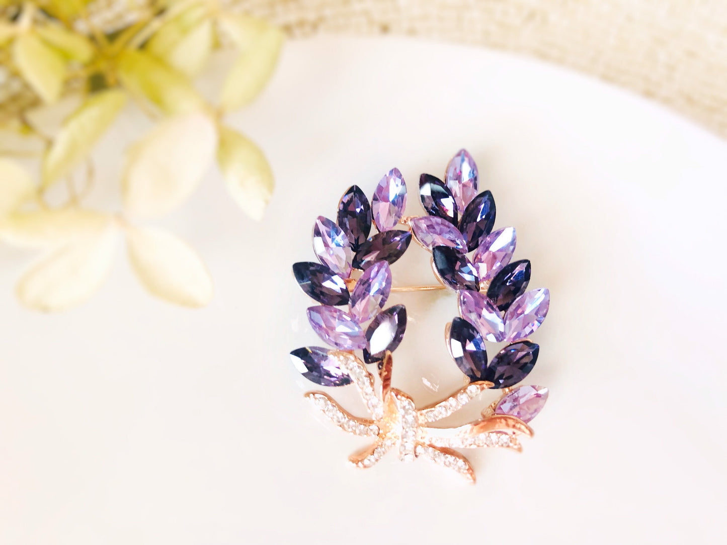 Amethyst crystal laural wreath brooch in 14K rose gold, gift for her, gift for mom