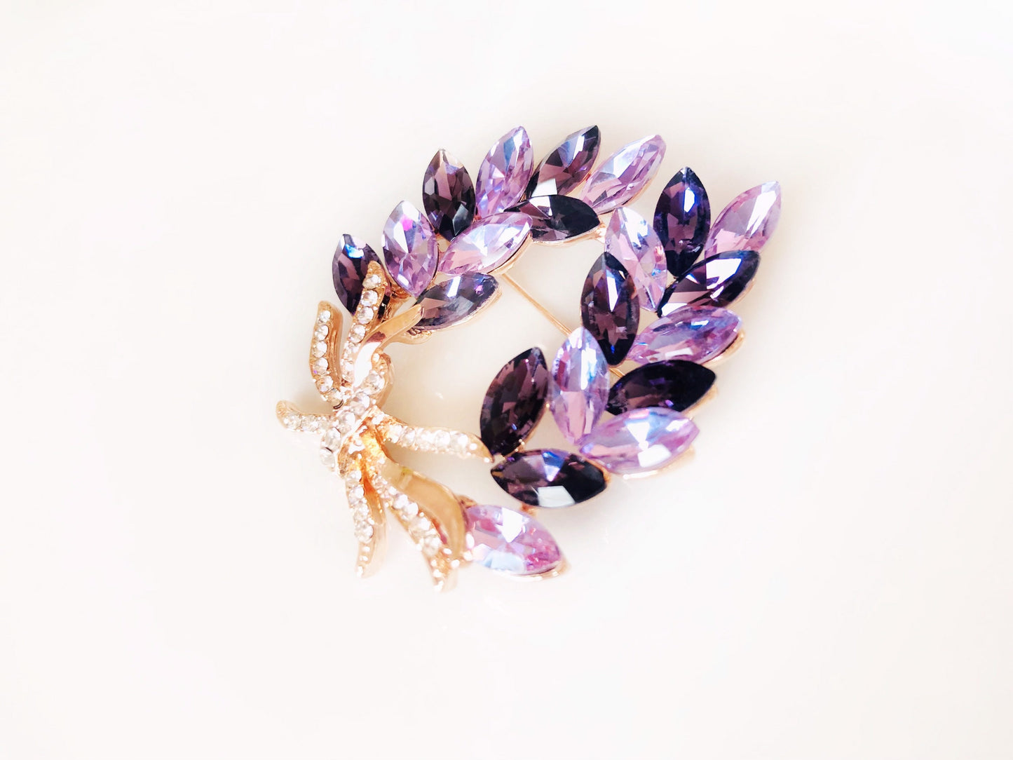 Amethyst crystal laural wreath brooch in 14K rose gold, gift for her, gift for mom