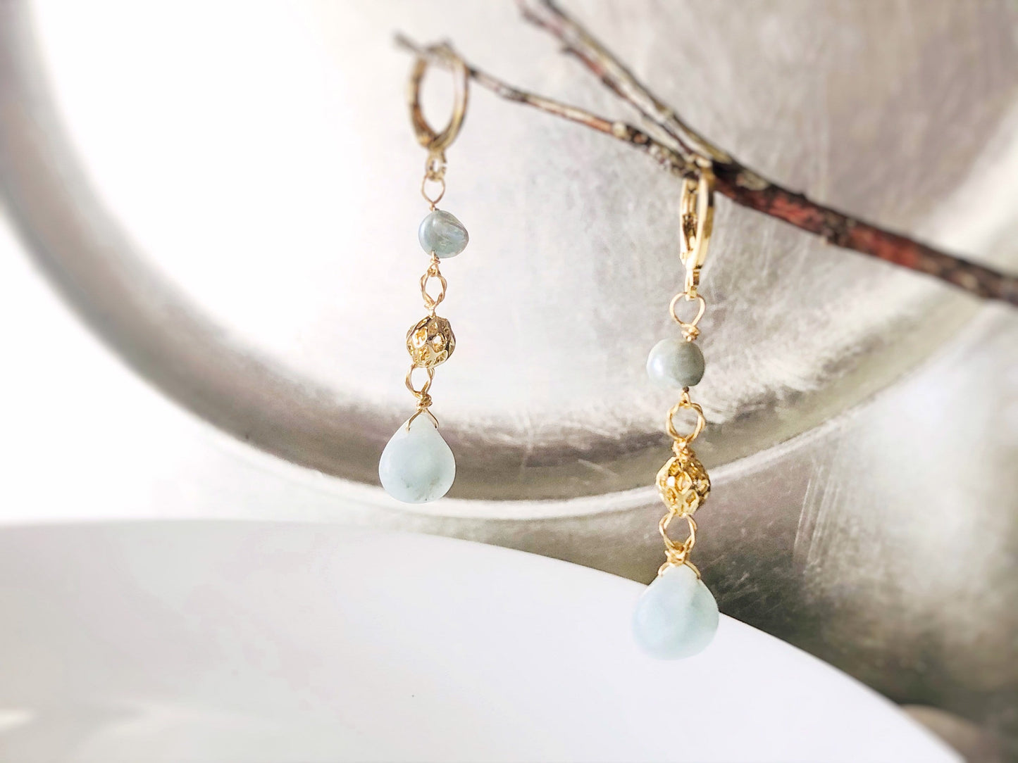 Aquamarine pearl dangle earrings in 18k gold filled, earrings, gift for her, gift for mom