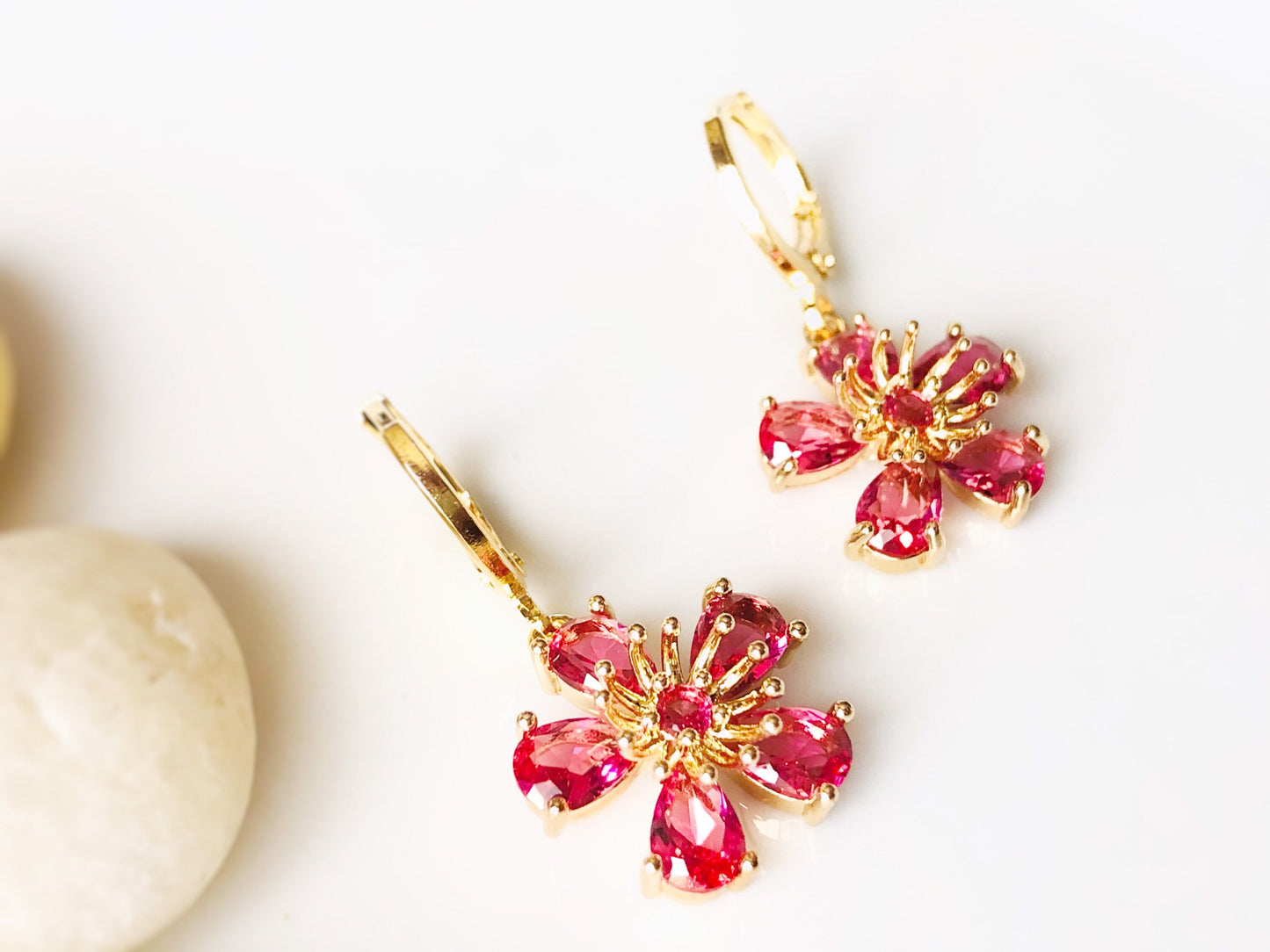 Pink tourmaline flower dangle earrings in 14K gold, pink flower drop earrings, Oct birthstone earrings , gift for mom, gift for her