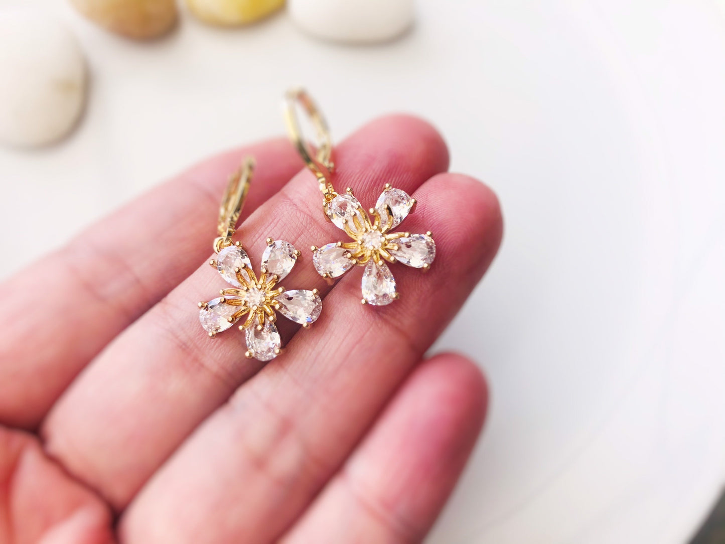 White sapphire flower dangle earrings in 14K gold, white flower drop earrings, April birthstone earrings , gift for mom, gift for her