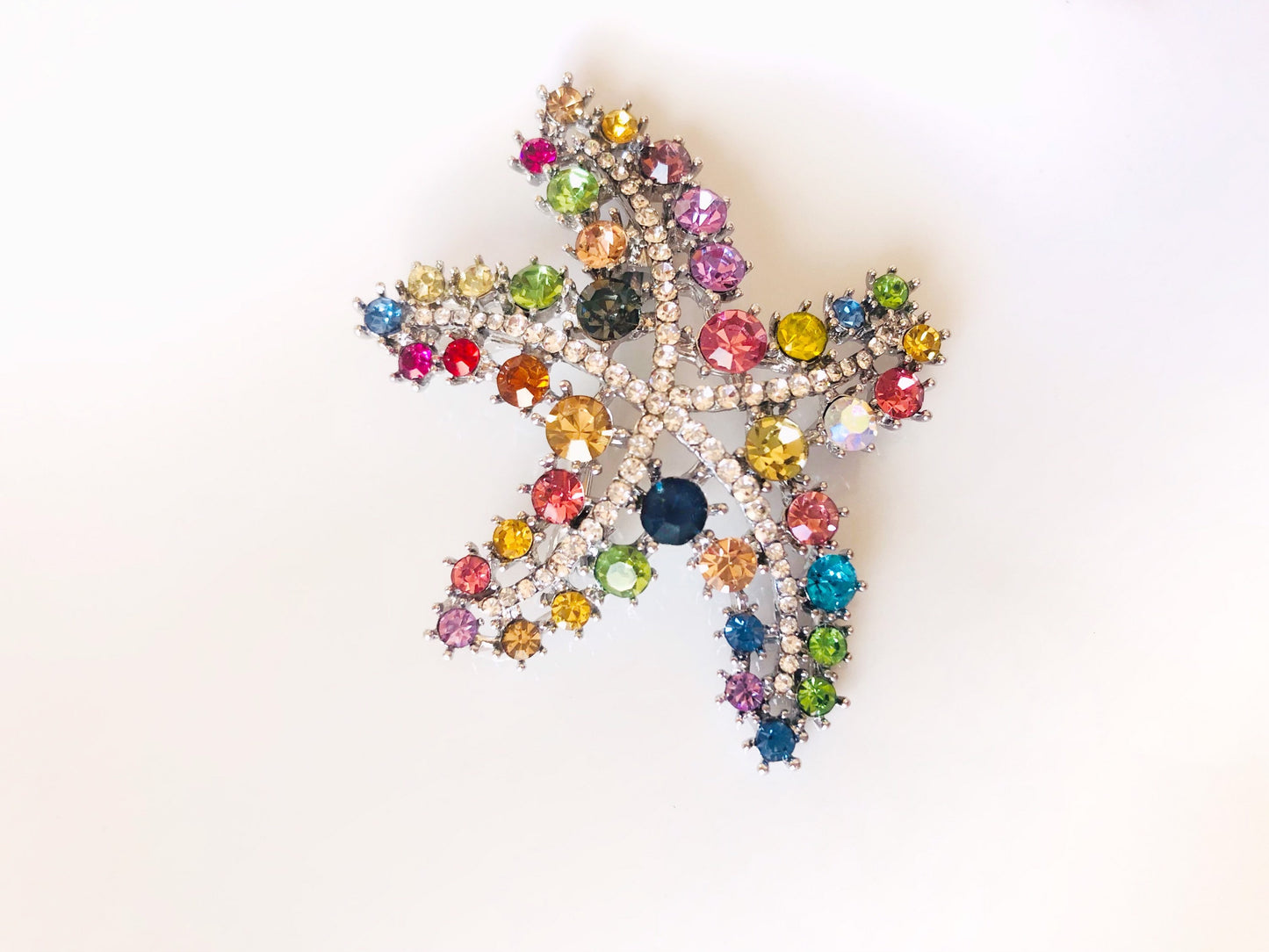 Multicolor crystal starfish brooch pendant in 18K WG plated, rainbow crystal starfish brooch, gift for her, gift for mom