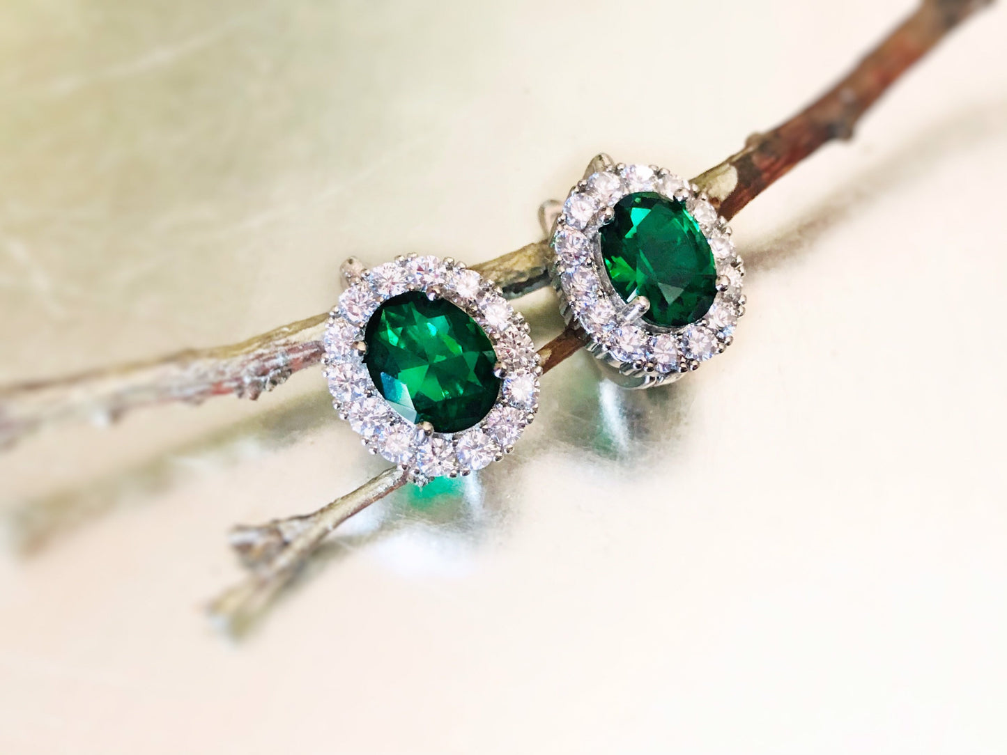 Halo emerald leverback earrings,  gemstone earring in 18k white gold, gift for her, gift for mom, May birthstone earrings