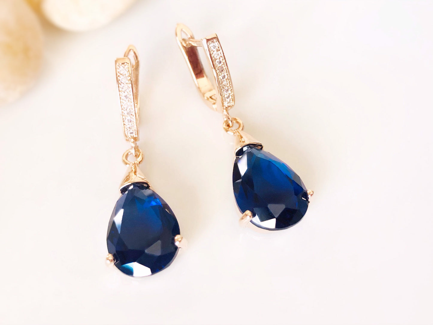 Teardrop sapphire earring in 14K rose gold, dark blue sapphire gemstone dangle earrings, bridesmaids earrings, gift for her