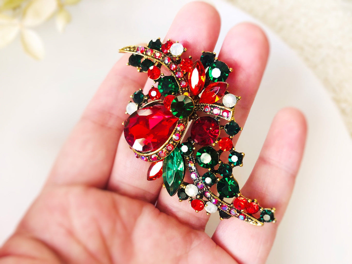 Red multicolored crystal brooch antique gold, cluster red crystal large bouquet  brooch pin, gift for mom, gift for her, Christmas brooch