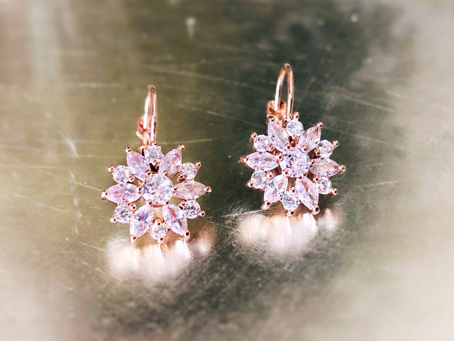 White sapphire flower leverback earrings 18K gold, flower earrings, bridal earrings, gift for her, gift for mom, April birthstone