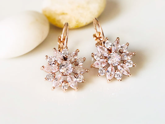 White sapphire flower leverback earrings 14K rose gold, bridal earrings, gift for her, gift for mom, April birthstone