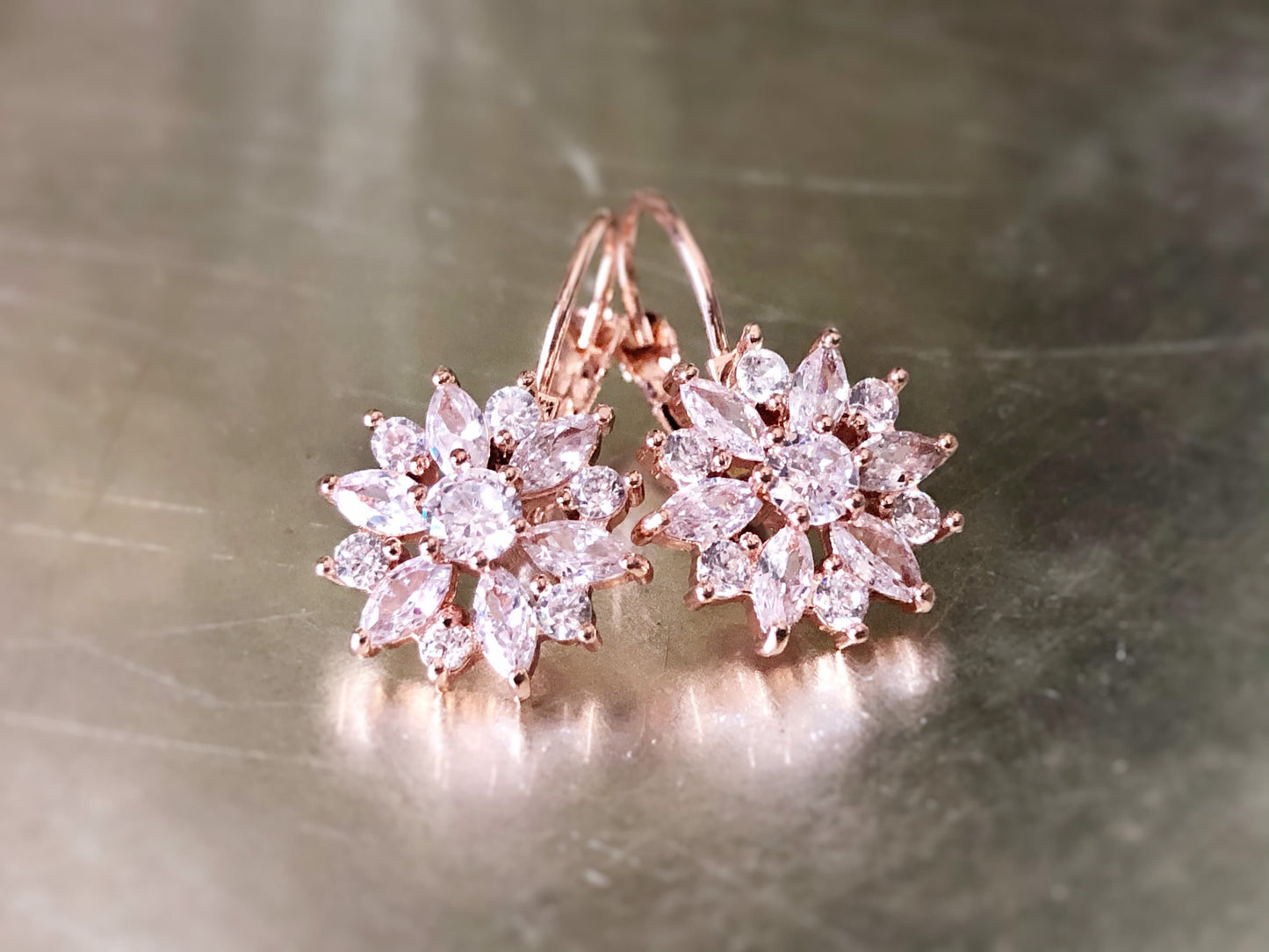 White sapphire flower leverback earrings 14K rose gold, bridal earrings, gift for her, gift for mom, April birthstone