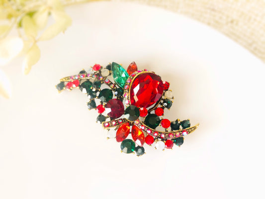 Red multicolored crystal brooch antique gold, cluster red crystal large bouquet  brooch pin, gift for mom, gift for her, Christmas brooch