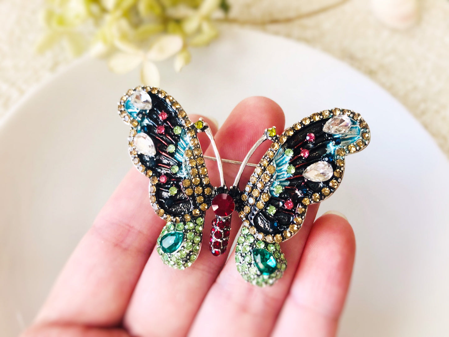 Multicolored butterfly crystal brooch, purple butterfly gold brooch, gift for her, gift for mom