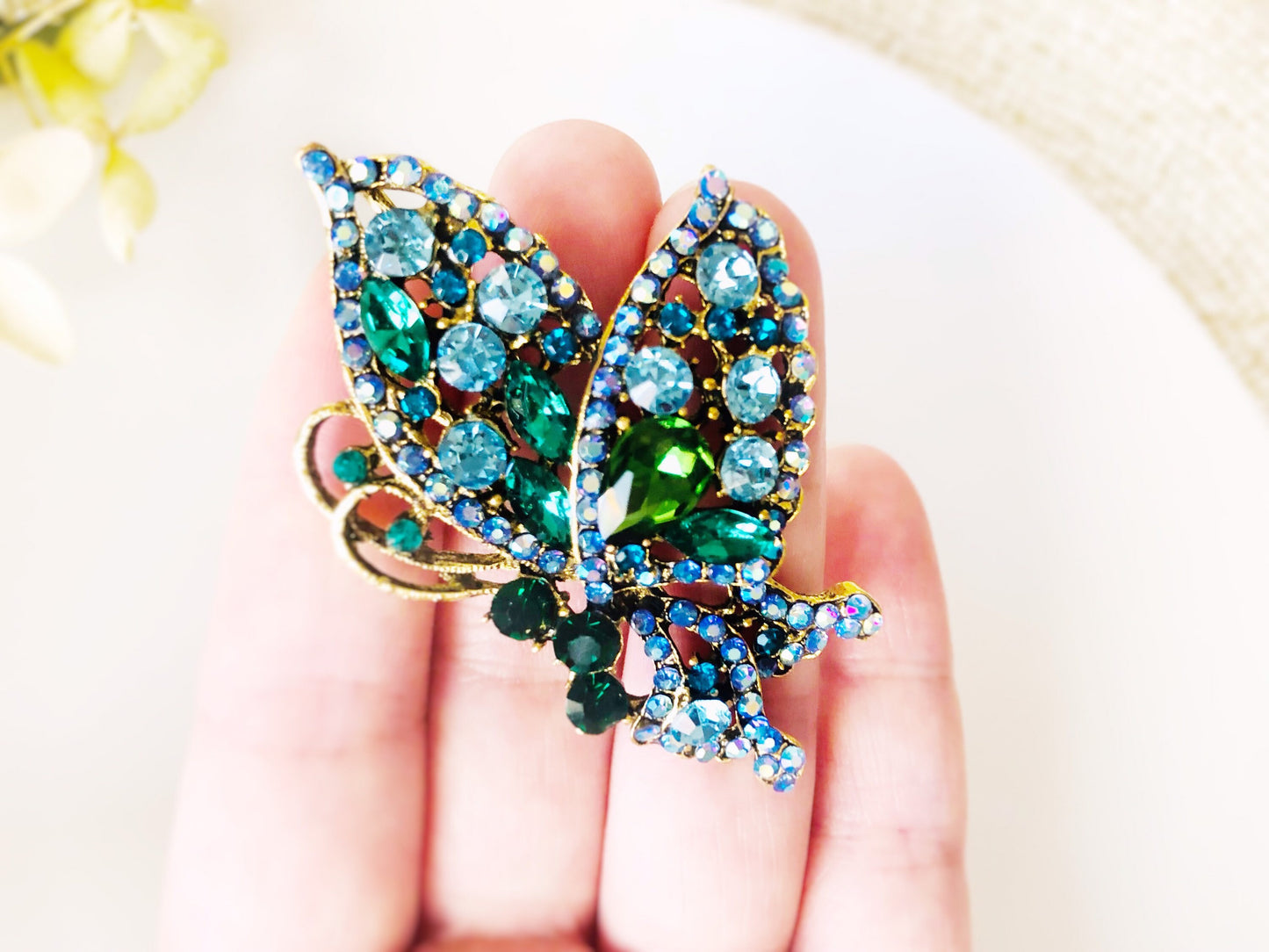 Blue green butterfly crystal brooch pendant in antique gold, green blue crystal brooch pendant crystal, gift for her, gift for mom