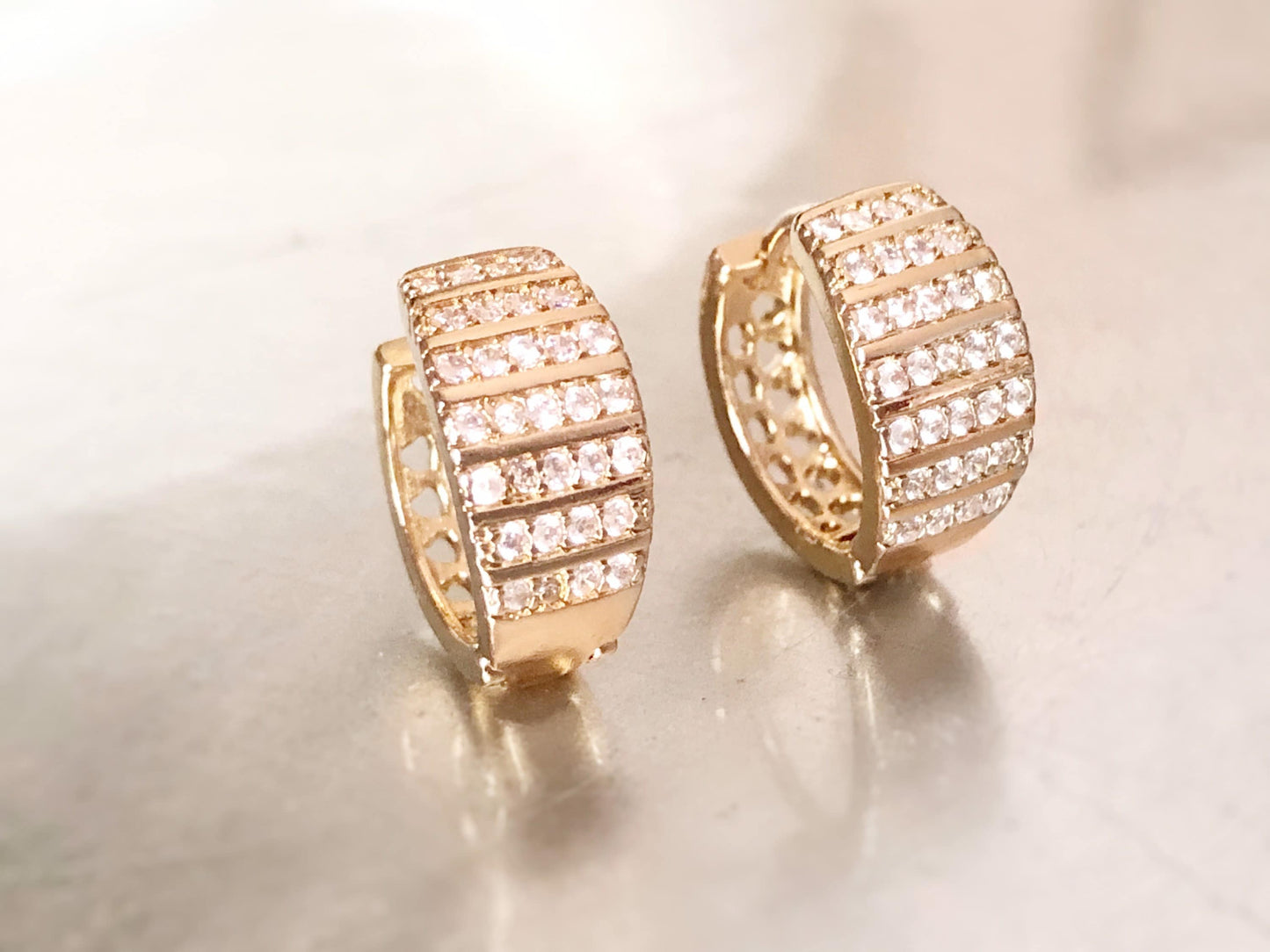 Pave white sapphire hoop earrings in 14K yellow gold, gift for her, gift for mom