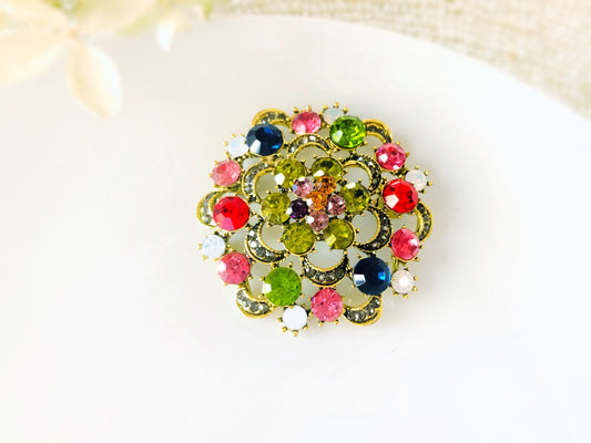 Multicolored red green crystal bouquet brooch, antique gold rainbow crystal bouquet brooch, gift for her, gift for mom