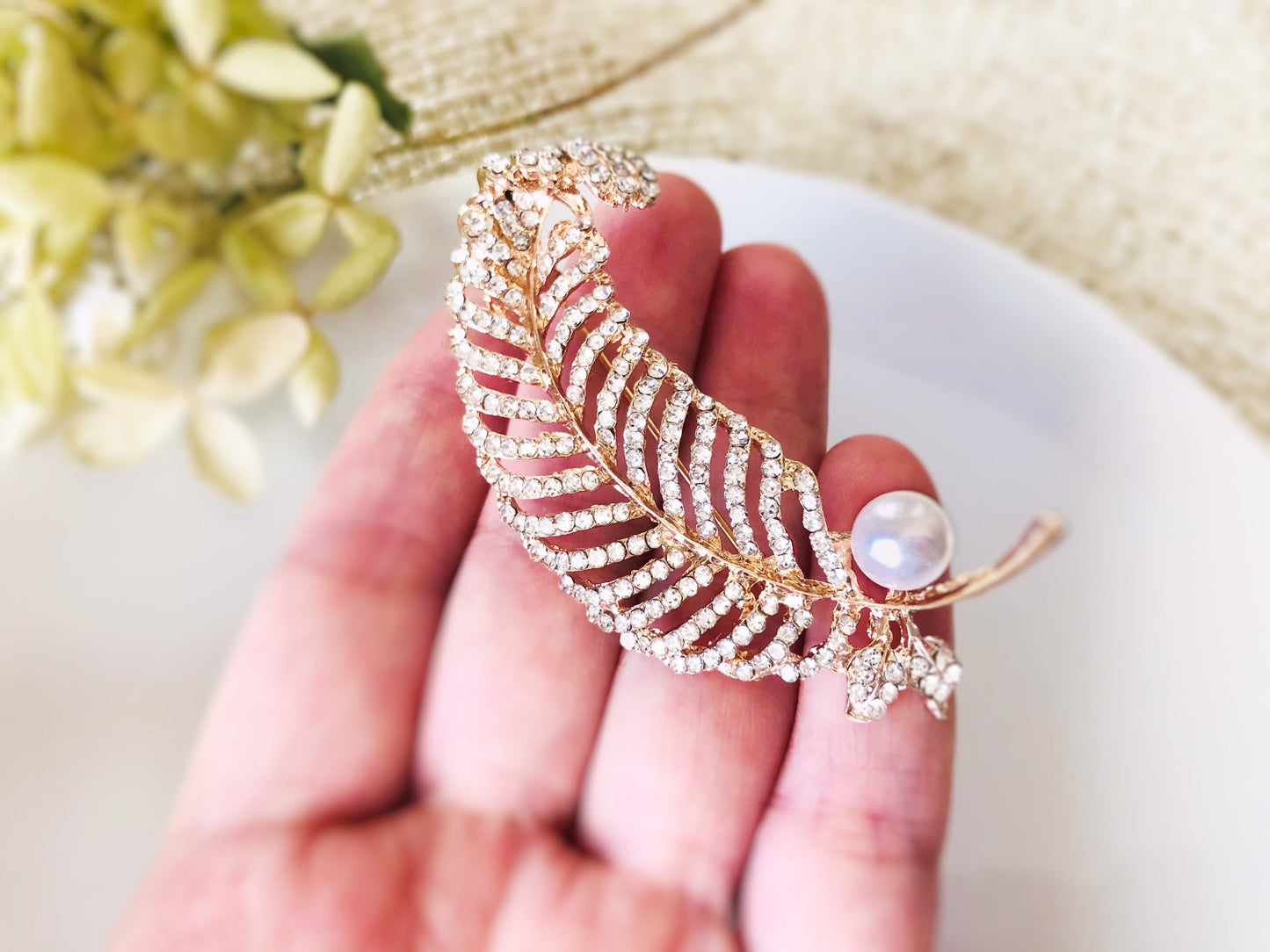 Pearl crystal pave feather brooch pin in rose gold, wedding brooch, large crystal feather brooch, gift for her, gift for mom