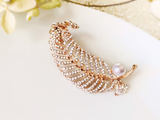 Pearl crystal pave feather brooch pin in rose gold, wedding brooch, large crystal feather brooch, gift for her, gift for mom