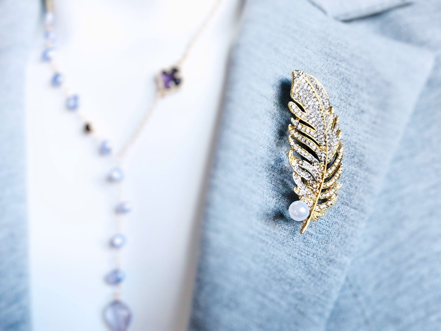 Pearl crystal pave feather brooch pin white gold plated, crystal feather silver brooch, wedding bouquet brooch, gift for her, gift for mom