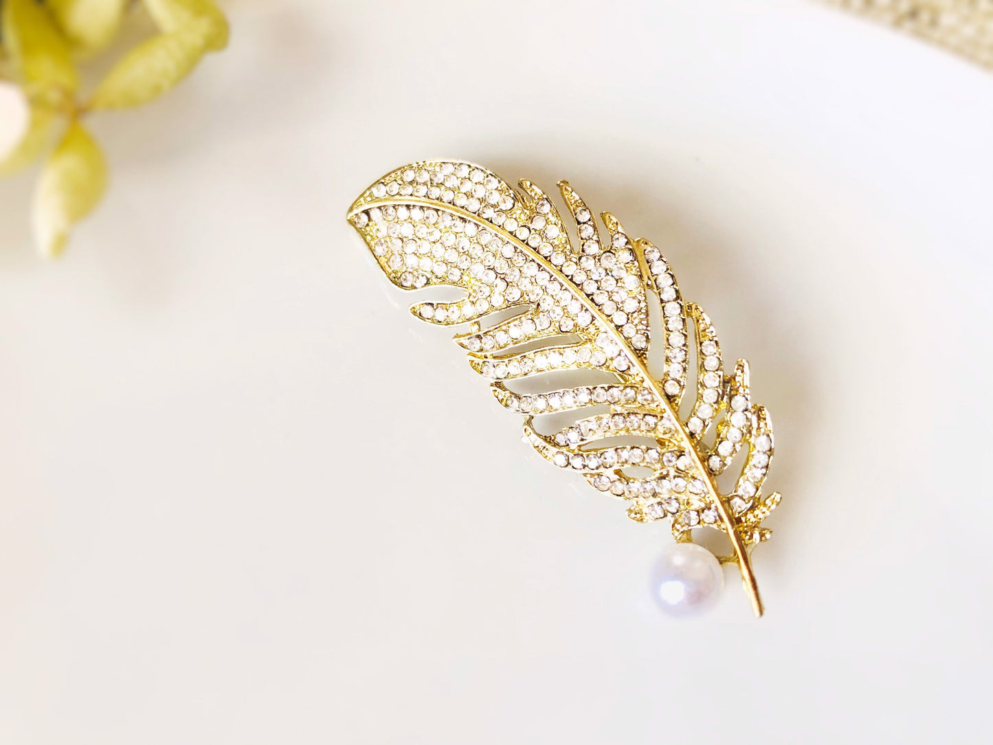 Pearl crystal pave feather brooch pin white gold plated, crystal feather silver brooch, wedding bouquet brooch, gift for her, gift for mom