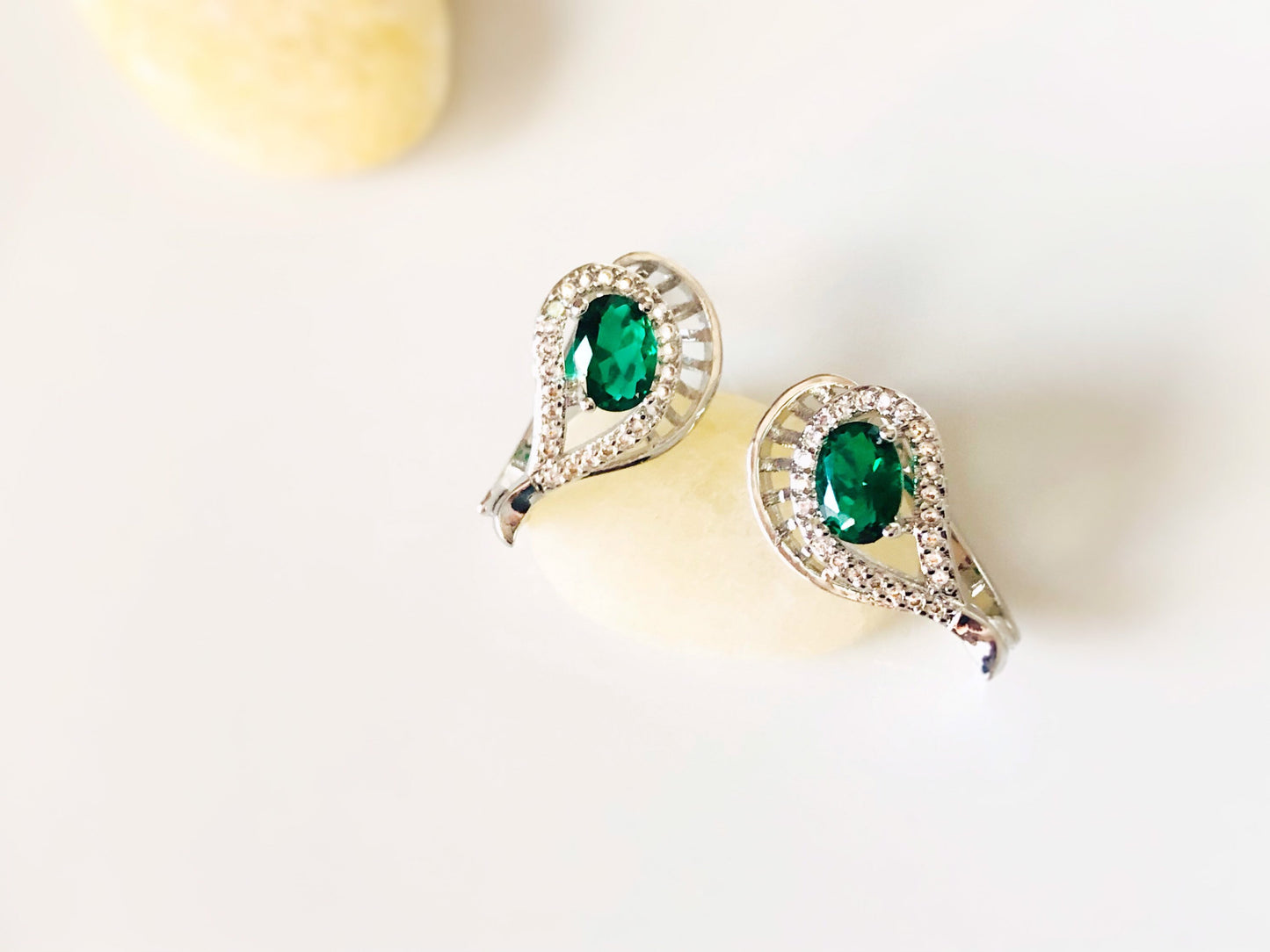 Emerald lever back stud earrings, statement green gemstone halo studs, gift for her, gift for mom, May birthstone