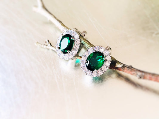 Halo emerald leverback earrings,  gemstone earring in 18k white gold, gift for her, gift for mom, May birthstone earrings