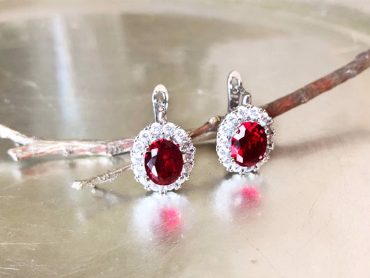 Halo ruby leverback earrings,  red gemstone earring in 18k white gold, gift for her, gift for mom, July birthstone earrings