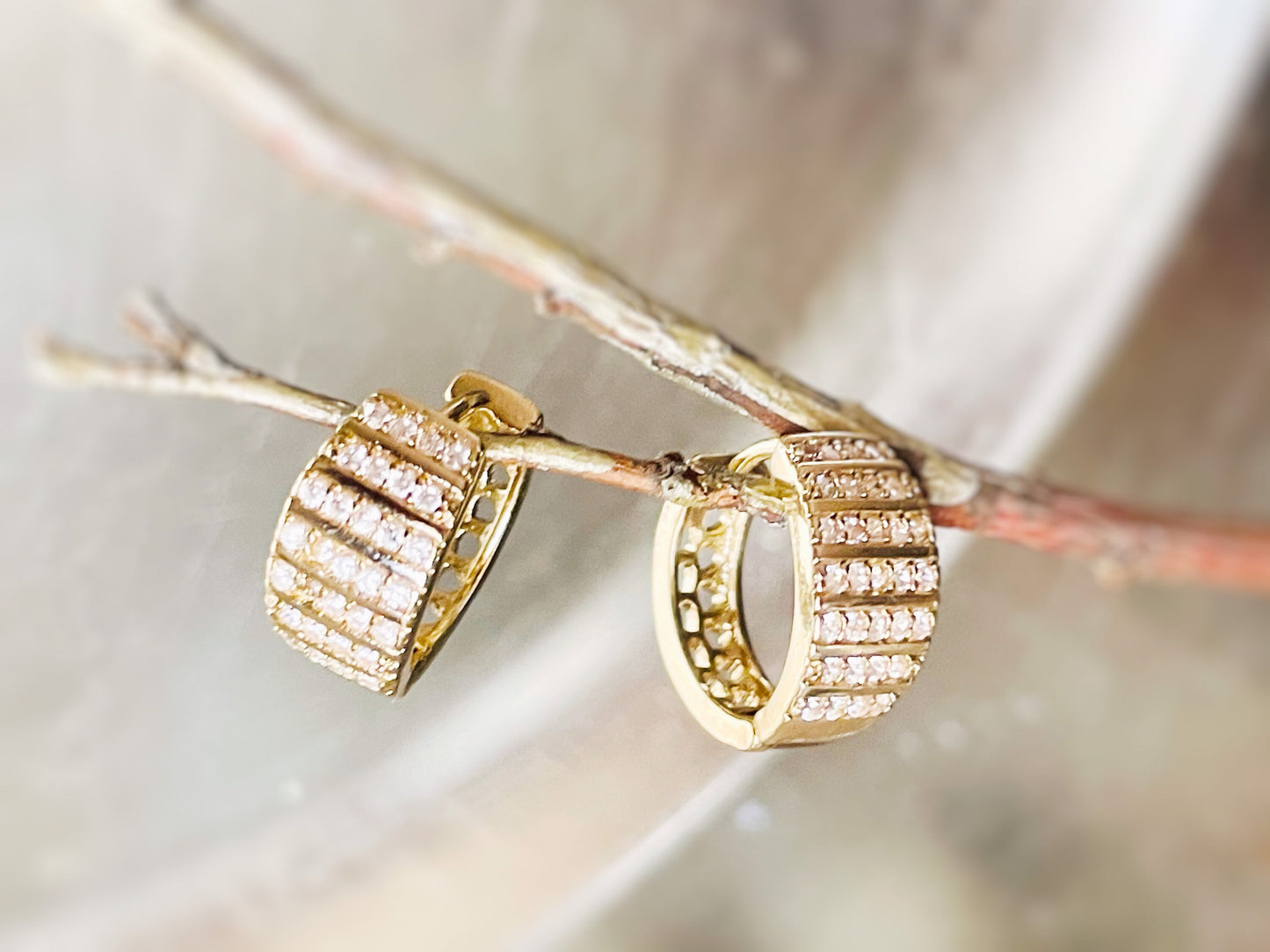 Pave white sapphire hoop earrings in 14K yellow gold, gift for her, gift for mom