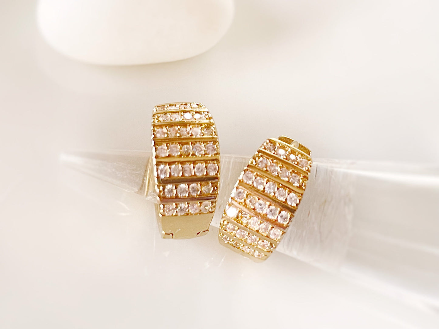 Pave white sapphire hoop earrings in 14K yellow gold, gift for her, gift for mom