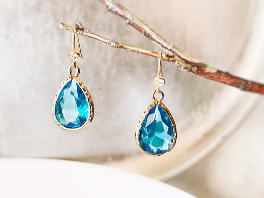 Blue topaz teardrop earrings in 14K gold, Blue teardrop crystal drop earrings, bridal earrings, bridesmaids earrings, December birthstone