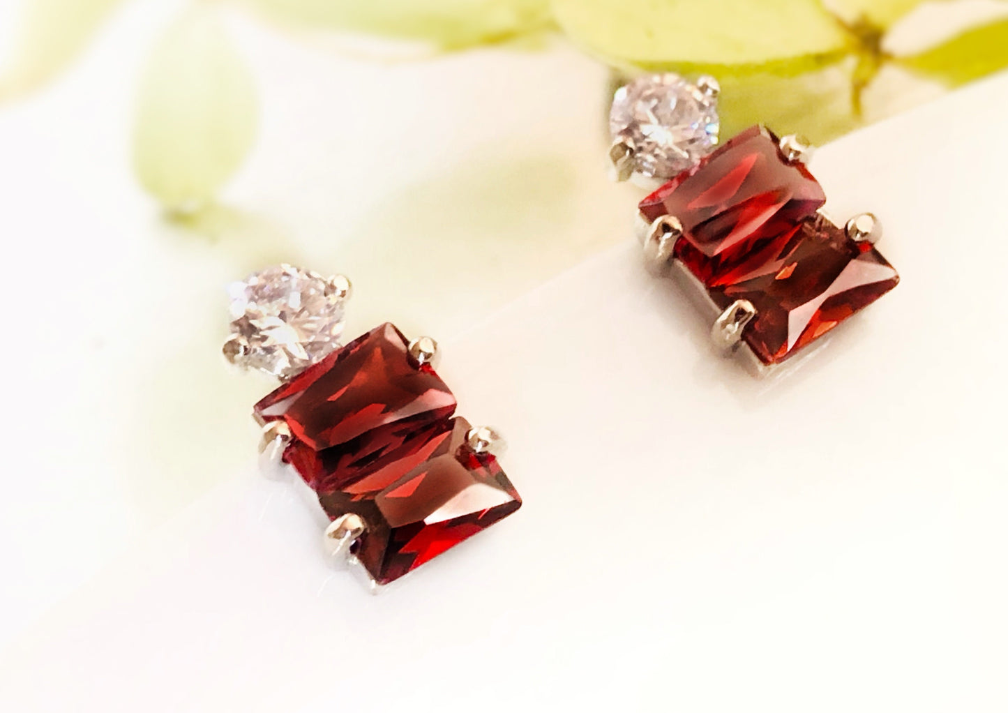 Garnet white sapphire three stone stud earrings in 18k white gold, red stud earrings, for her, gift for mom, Jan birthstone earrings