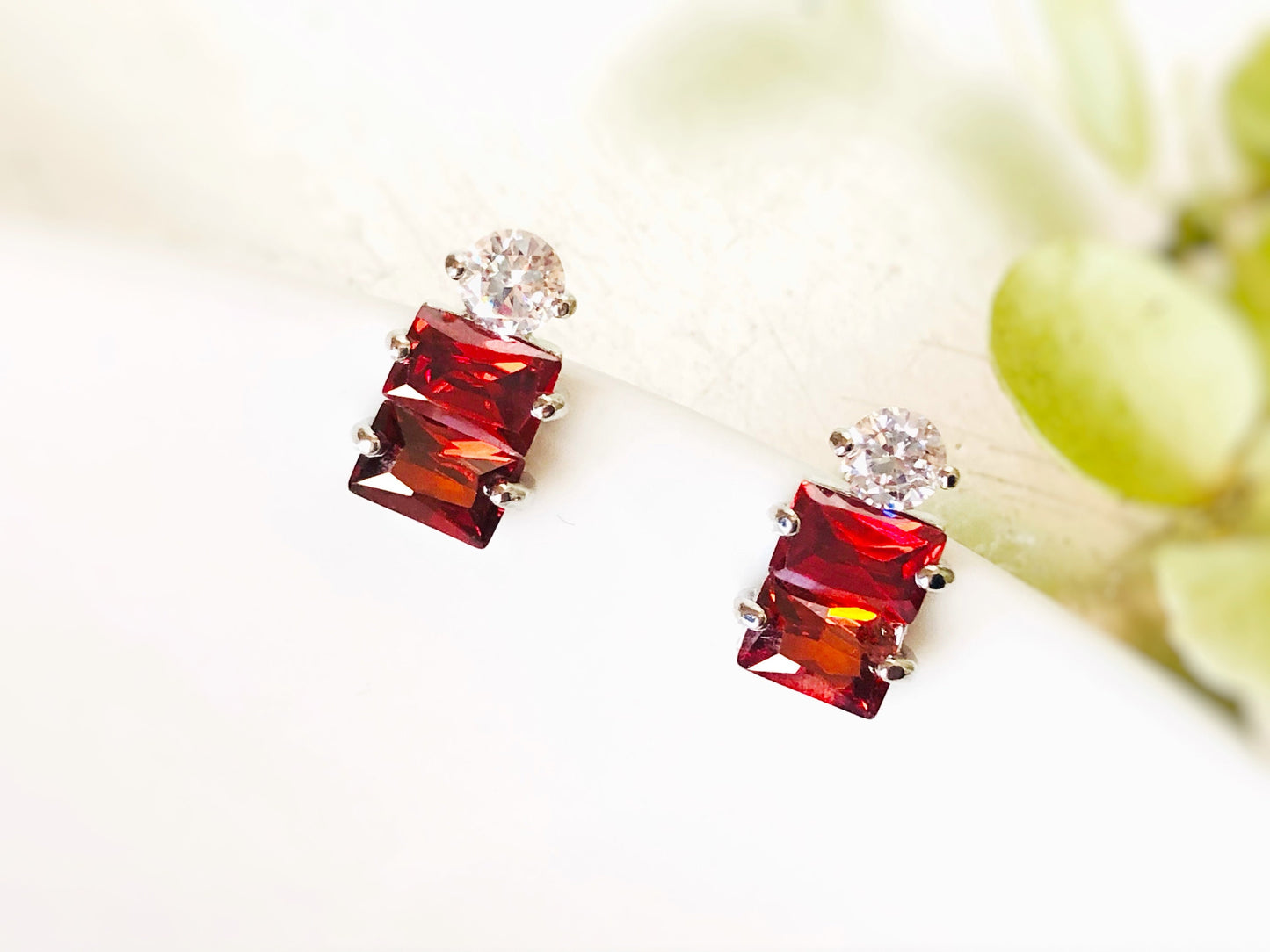 Garnet white sapphire three stone stud earrings in 18k white gold, red stud earrings, for her, gift for mom, Jan birthstone earrings