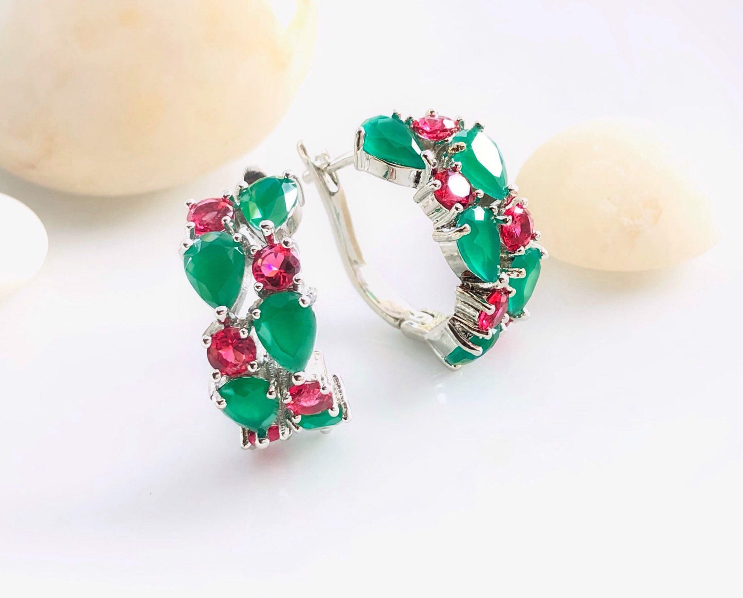 Green jade pink tourmaline hoop earrings,  green pink gem hoop earrings, large statement earrings, gift for mom, gift for her