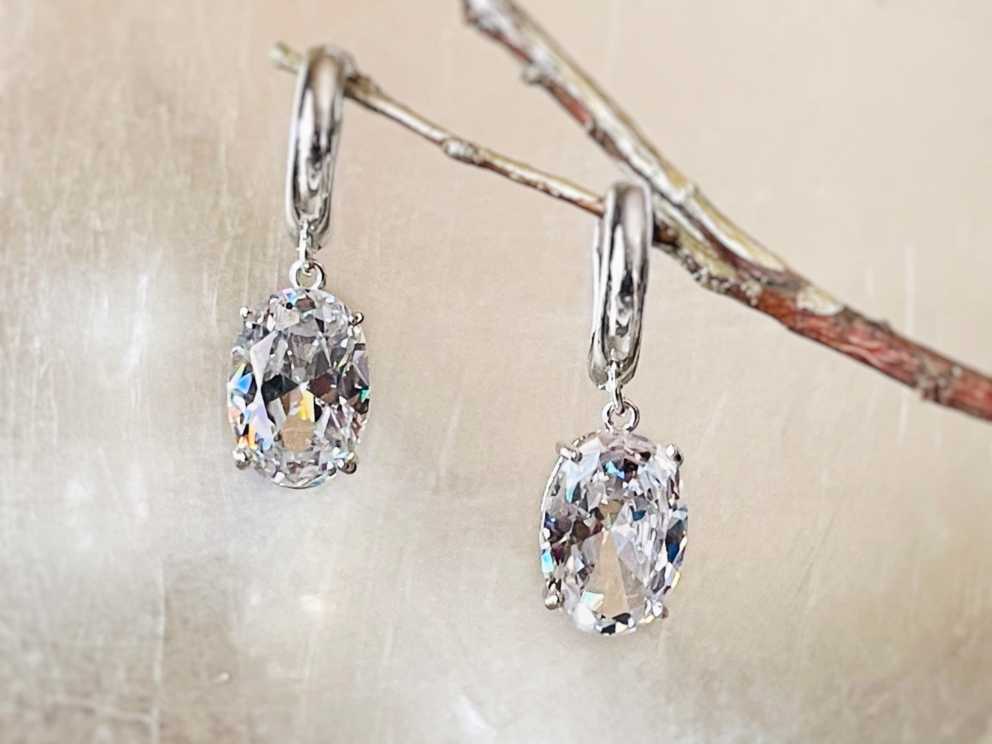 Large cushion cut white sapphire dangling earring in 18K white gold, gift for her, gift for mom, bridal earrings, April birthstone