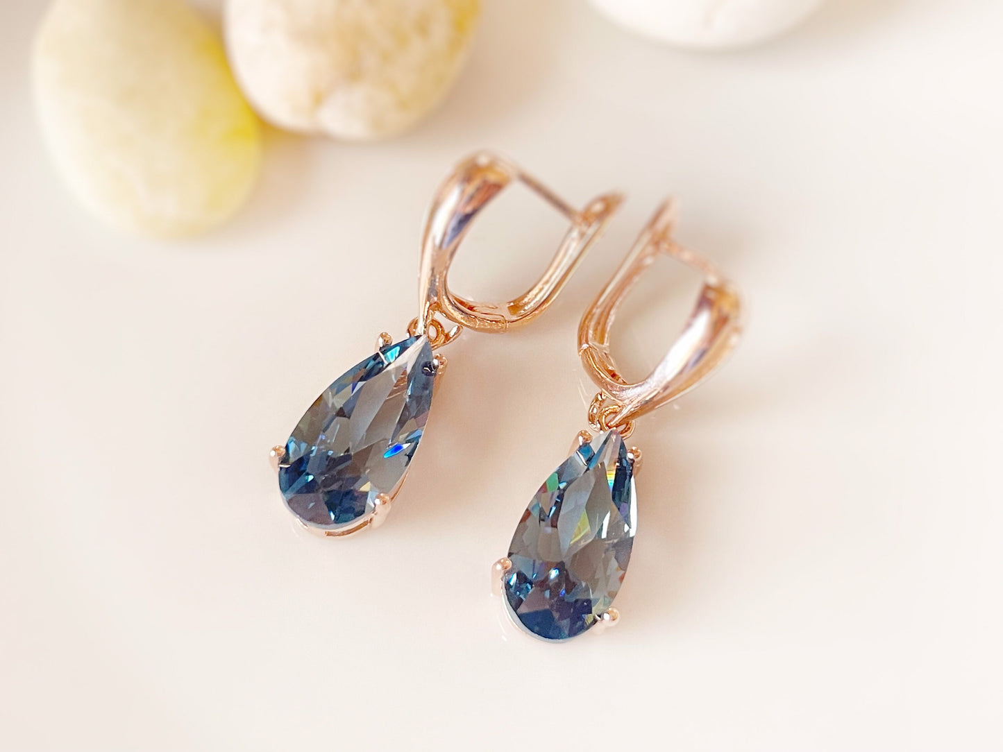 London blue topaz dangling earring in 14K rose gold, gift for her, gift for mom, December birthstone