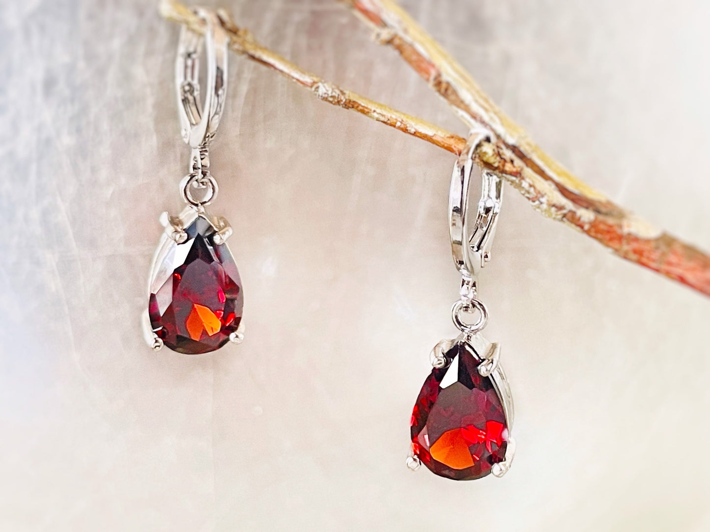 Teardrop garnet dangle earrings, red gemstone drop earrings, January birthstone, gift for her, gift for mom