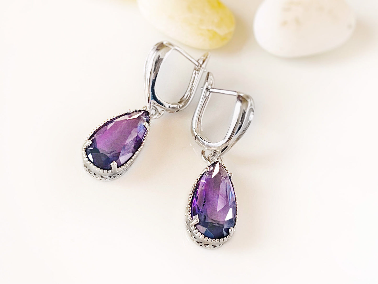 Pear shaped amethyst dangling earring in 18K white gold, gift for her, gift for mom, February birthstone