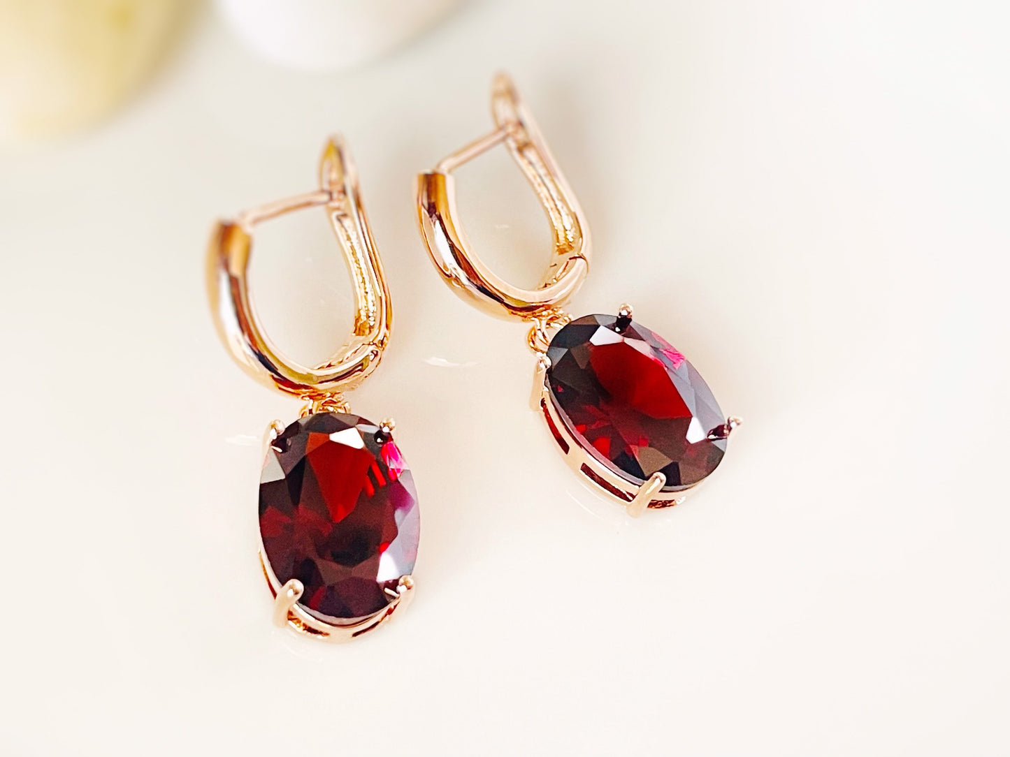 Large cushion cut garnet dangling earrings, dark red gems drop earrings, for her, gift for mom, bridal earrings, January birthstone