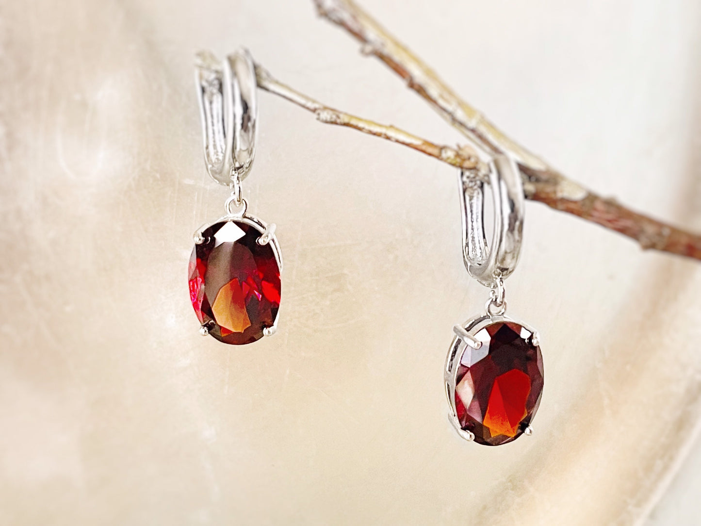 Large cushion cut garnet dangling earrings, dark red gems drop earrings, gift for her, gift for mom, bridal earrings, January birthstone