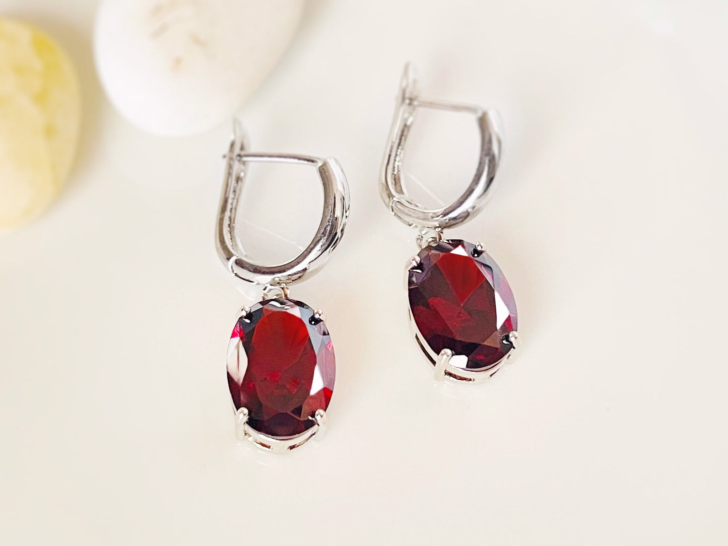 Large cushion cut garnet dangling earrings, dark red gems drop earrings, for her, gift for mom, bridal earrings, January birthstone