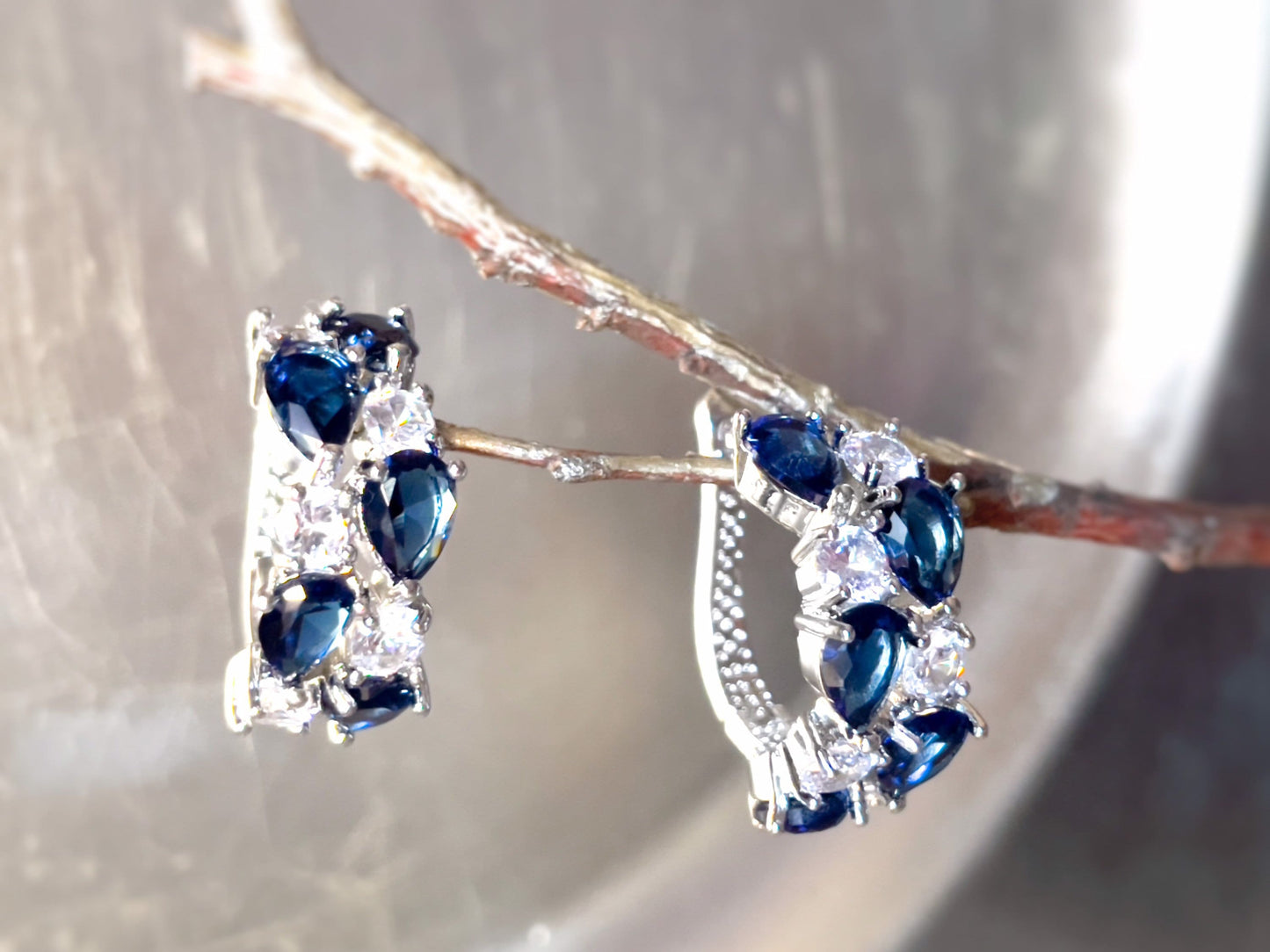 Blue white sapphire statement hoop earrings, large blue white cluster gemstone hoops, September birthstone, gift for mom, gift for her