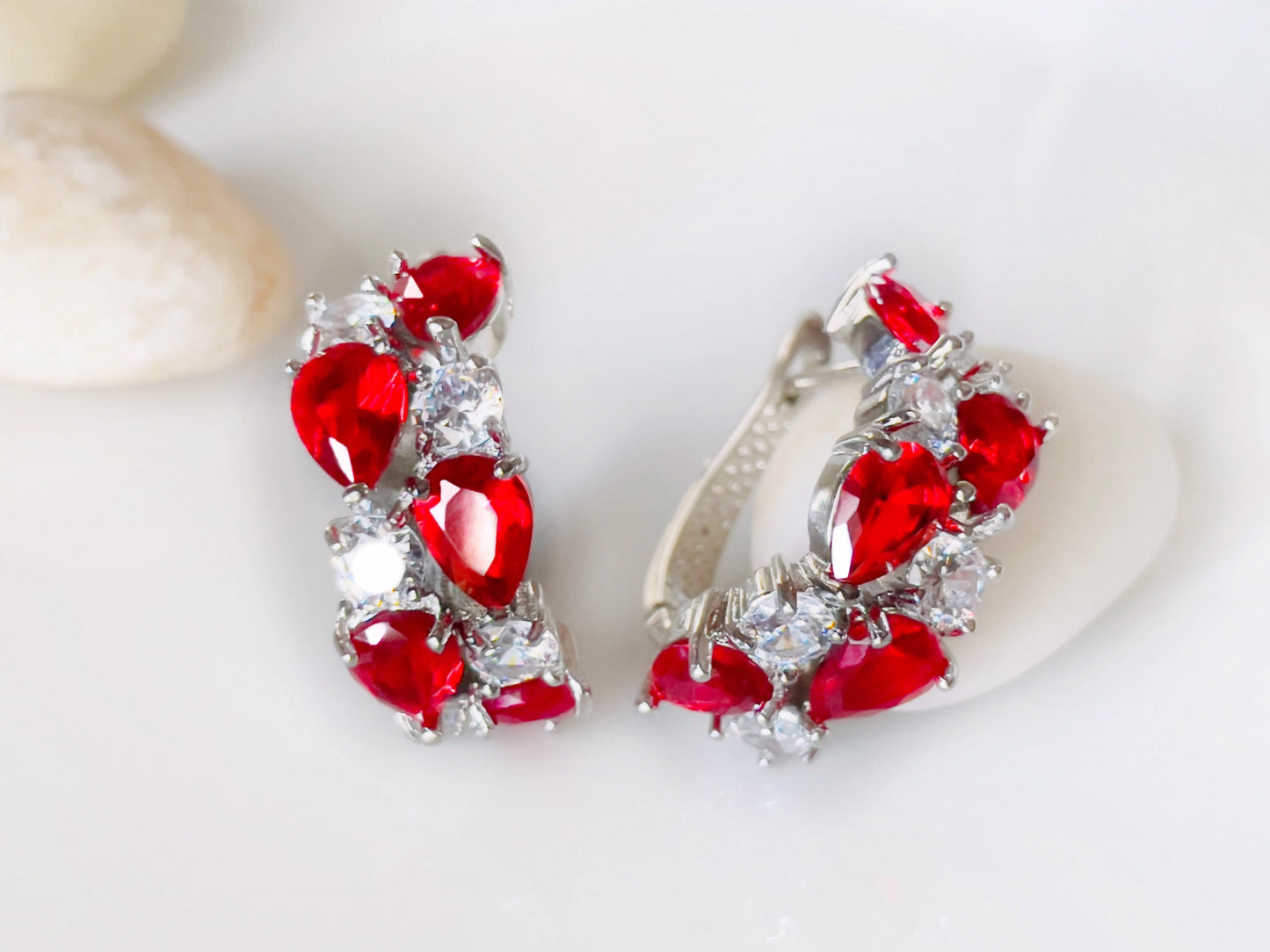 Ruby cluster large hoop earrings, red white gemstone statement hoop earrings, gift for mom, gift for her, July birthstone