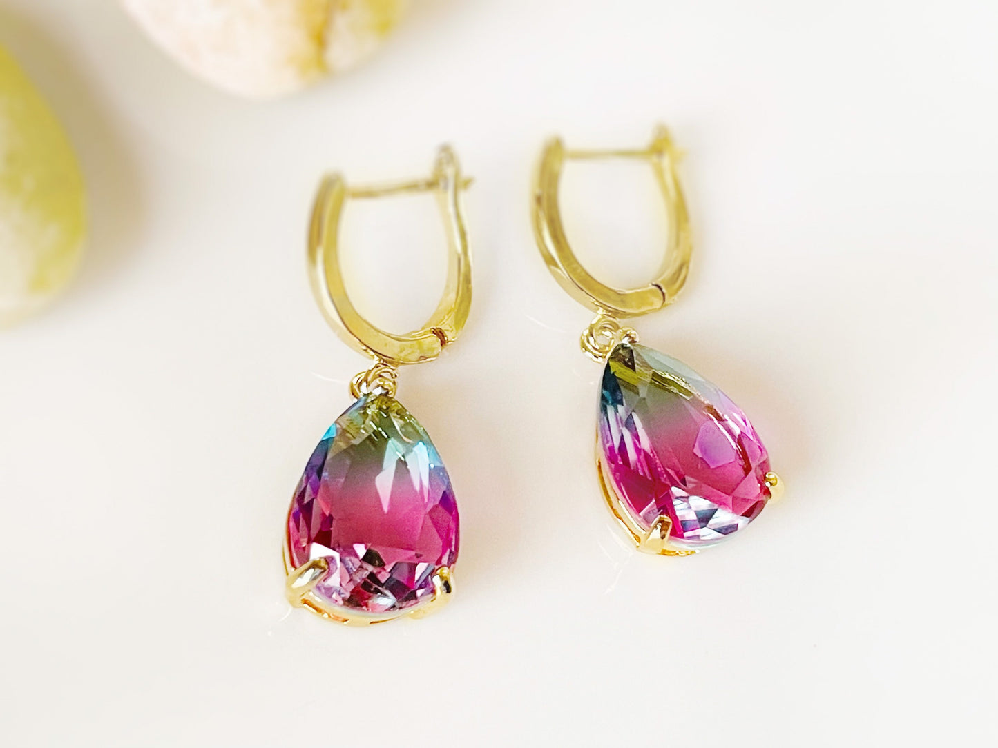 Bicolor watermelon tourmaline dangle earrings gold, green pink gemstone drop earrings, gift for her, gift for mom